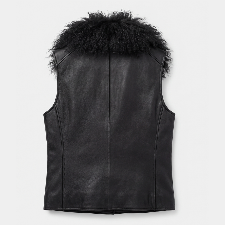 Back view of a black leather motorcycle vest highlighting the tailored fit and textural Mongolian fur trim.
