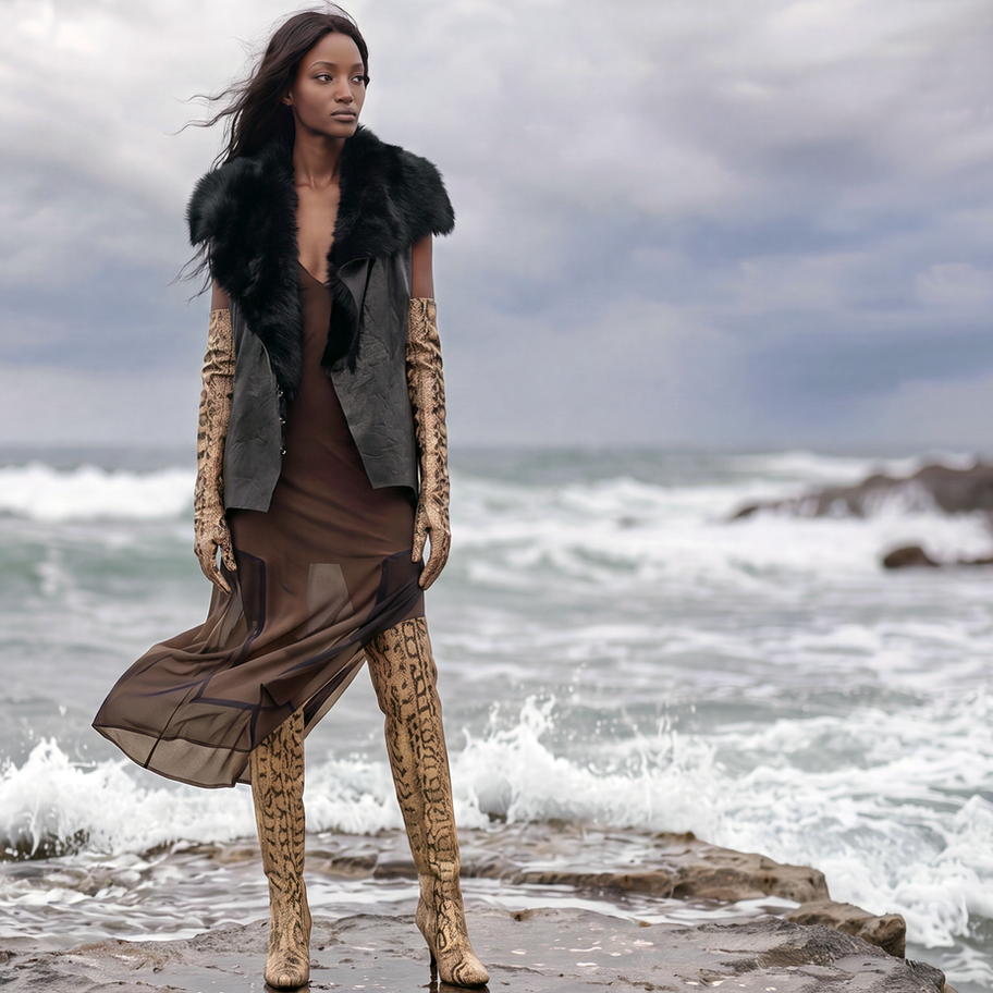 Model looking away by the ocean, styling a beautifully tailored black lambskin leather vest with a plush shearling collar.