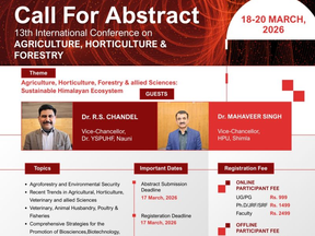 13th International Conference (ICAHFAS-2026)โAgriculture, Horticulture, Forestry & allied sciences for Sustainable Himalayan Ecosystemโ, Last Date: 17th March, 2026.