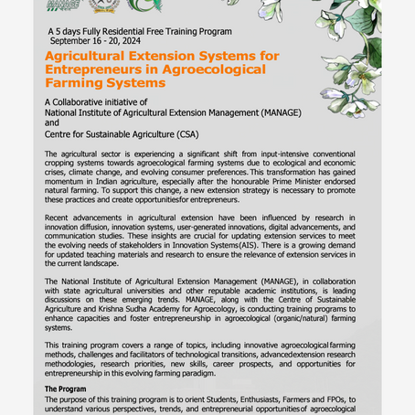 Agricultural Extension Systems for Entrepreneurs in Agroecological Farming Systems, 5-Day, Starting Date:  Monday, 16th of September 2024  