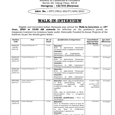 Vacancies for Agriculture & Chemistry candidates at Institute of Pesticide Formulation Technology, Haryana. Date of Interview - 19th June, 2024 at 10:00 AM