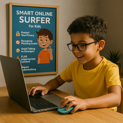 a boy is using a laptop in front of a poster that says smart online surfer for kids