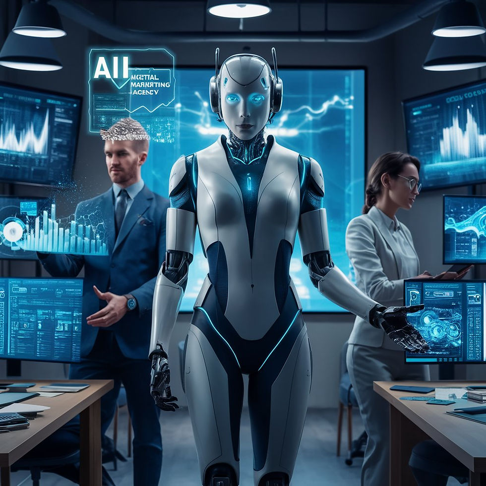 Three AI robots representing the future of digital marketing