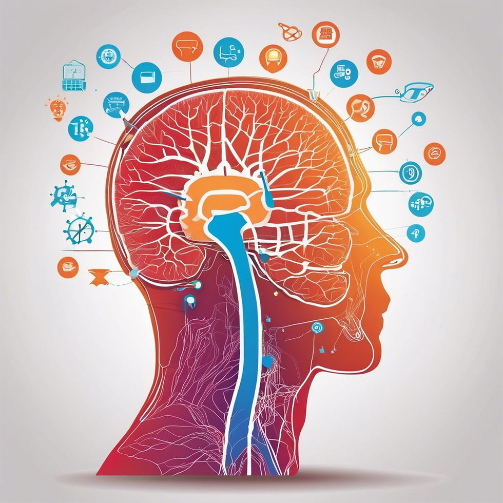 "Ilustrasi konsep Neuro-Marketing, dengan simbol otak dikelilingi oleh elemen pemasaran seperti grafik, ikon media sosial, dan interaksi pengguna, menggambarkan hubungan antara psikologi pengguna dan strategi pemasaran yang berkesan."