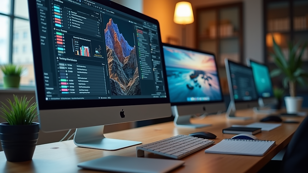 Eye-level view of a modern workspace with a computer displaying AI design software