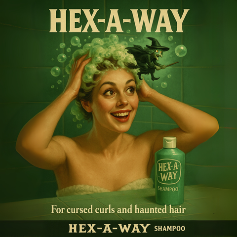a woman in a bathtub with a bottle of hex-a-way shampoo