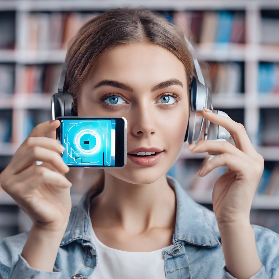 Young woman with blue eyes wearing headphones, holding a smartphone showing a futuristic blue graphic. Bookshelves blurred in the background.