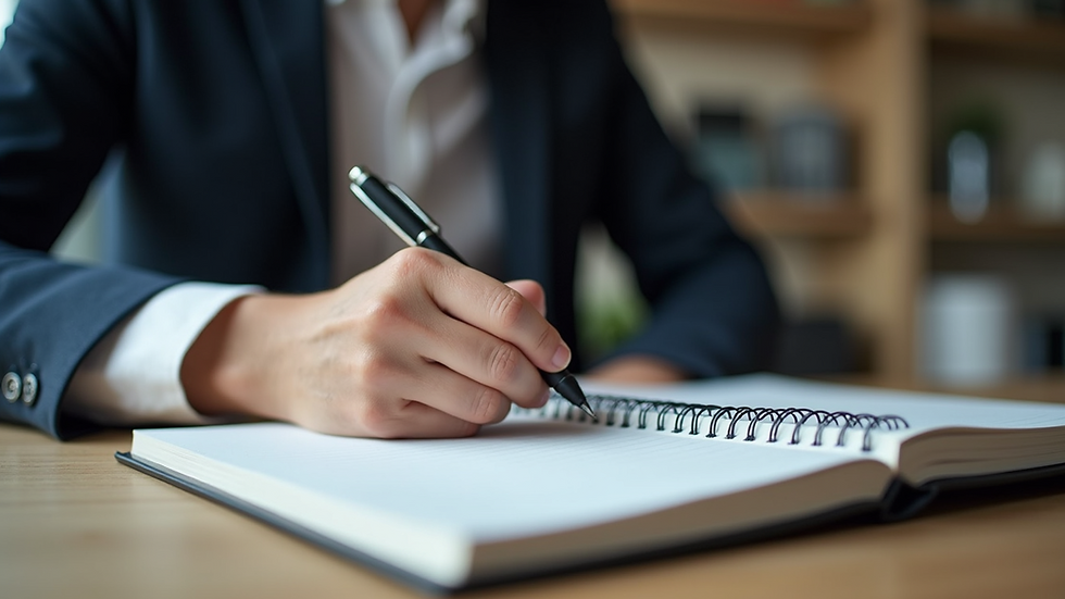 Eye-level view of a small business owner writing notes on a notebook