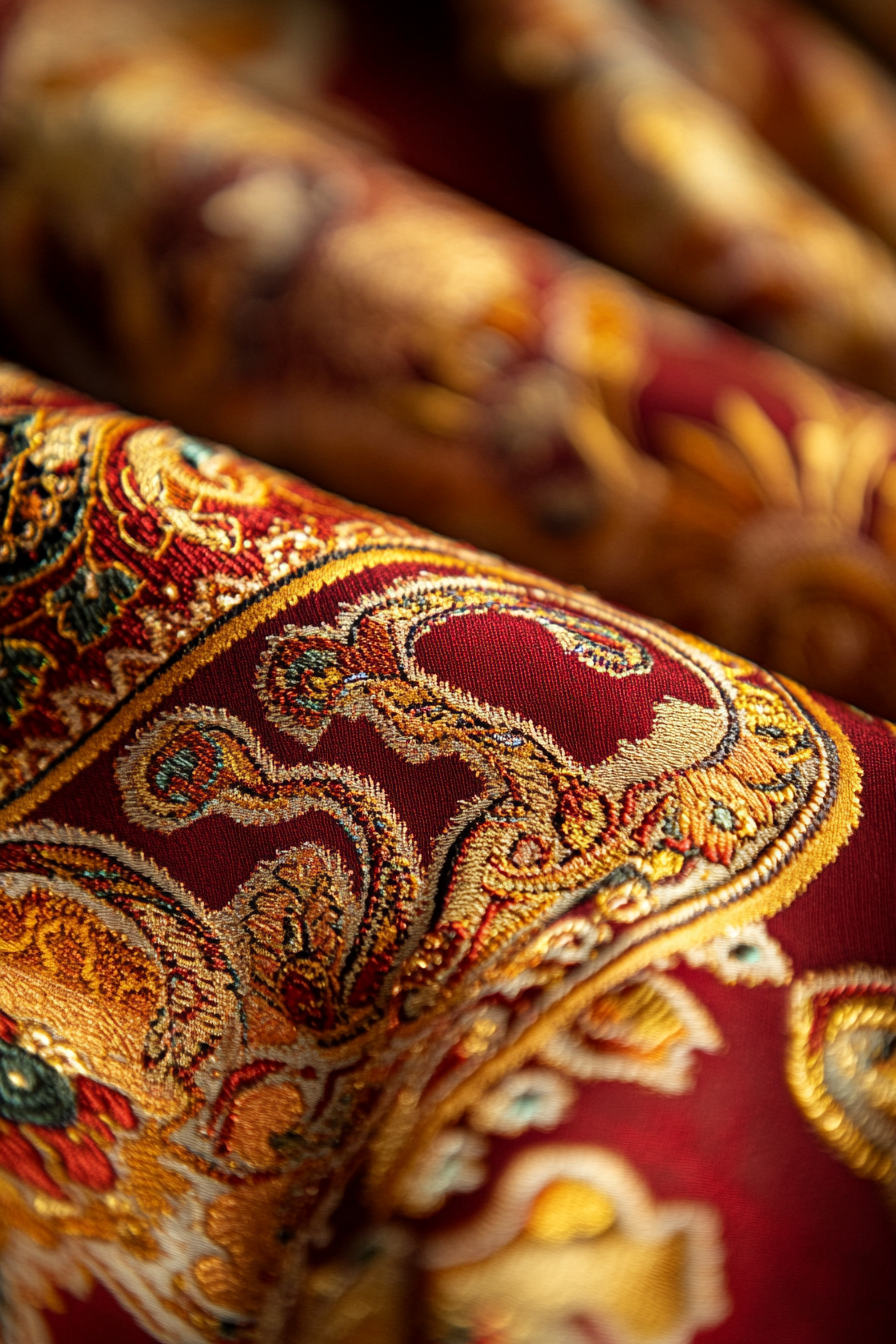Close-up of Persian Termeh fabric with intricate patterns and rich texture, traditional textile craftsmanship