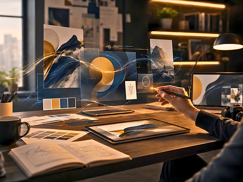 A cinematic creative studio workspace showing a designer using a digital pen to develop brand visuals, with floating design elements, color palettes, sketches, and warm lighting representing AI-powered creative direction and visual storytelling.
