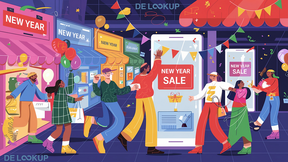 Illustrated scene of people shopping during a colorful New Year sale, carrying bags and balloons in a vibrant street with festive decor.