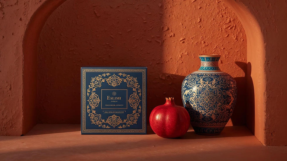 جعبه آبی طرحدار با متن "ESLIMI"، انار و گلدان سفالی آبی در طاقچه نارنجیرنگ با نور گرم و سایههای آرامشبخش.