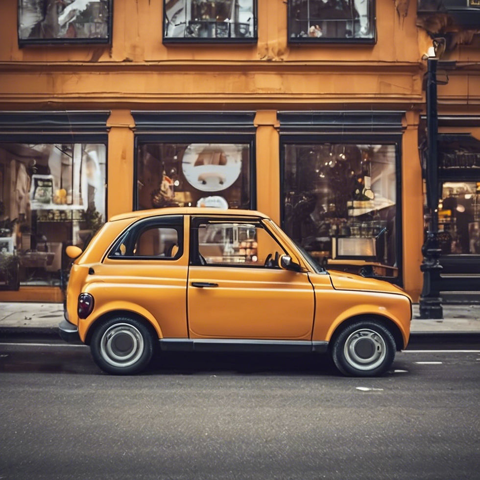 Orange vintage car parked on a city street, with a matching orange storefront in the background. Warm, nostalgic urban vibe.