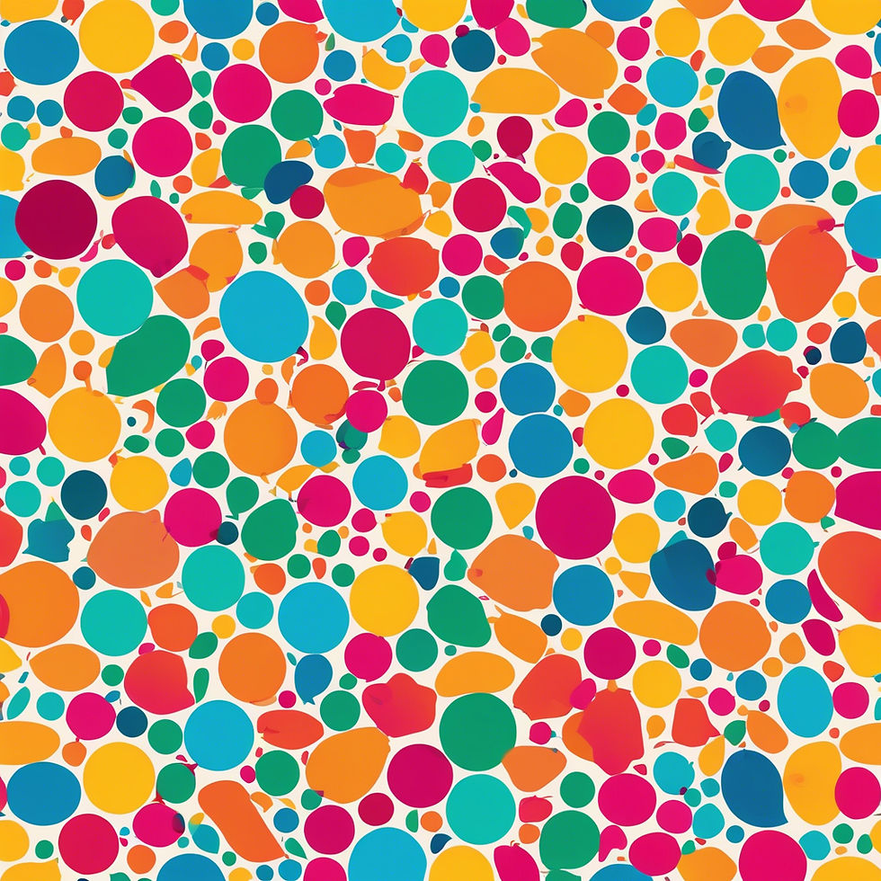 Corak abstrak berwarna-warni bulatan merah, biru, hijau, kuning dan oren terang bertindih pada latar belakang putih, mewujudkan suasana yang meriah.