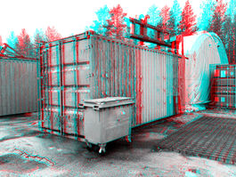 Containers and a garagebin in anaglyph 3d for red and cyan glasses