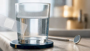 Whitening strip beside cool water and dental mirror