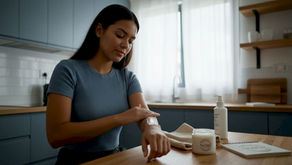 Woman applying tanning accelerator lotion in bathroom