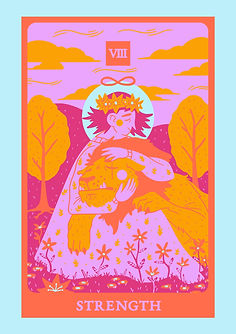 Tarot card strength goddess holds lioness