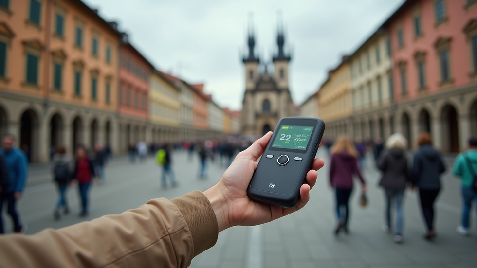 Eye-level view of a tourist holding a GreenSound audioguide device while exploring a historic city square