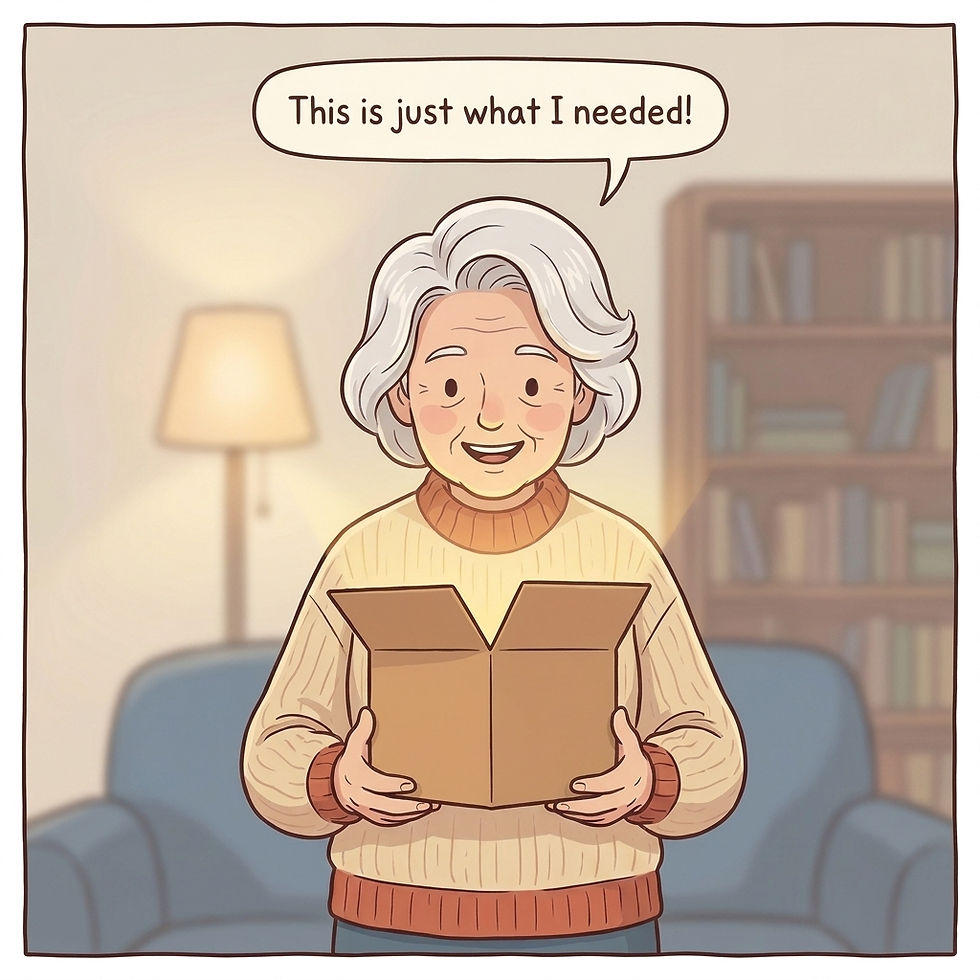 A senior citizen opening a box that is a gift from a caregiver giving them something that solves a problem that they would not buy themselves.
