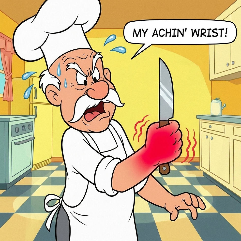 Senior artoon chef with arthritis holding a traditional chefs knife that is causing pain and strain issues