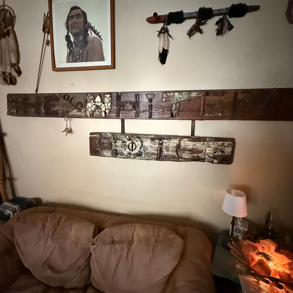 Each part of each letter of 'The Old Whitepath Hotel' is made from different artifacts found on site.