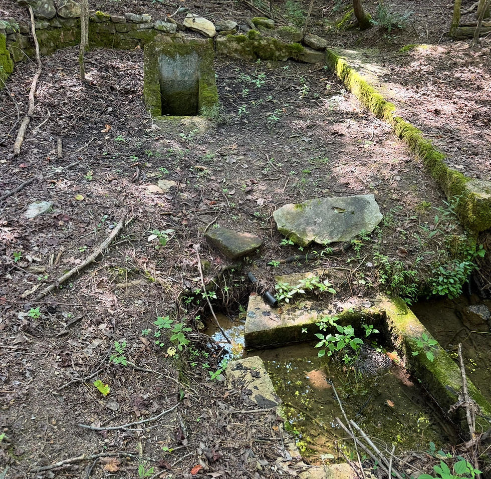 The ruins of a spring house remain down a hill behind Stamp Creek Baptist Church near the village of White in Bartow County, Georgia.