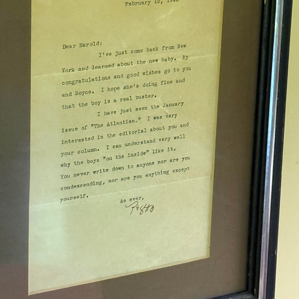 A letter written to Harold Martin from his good friend Margaret "Peggy" Mitchell that references John's birth.