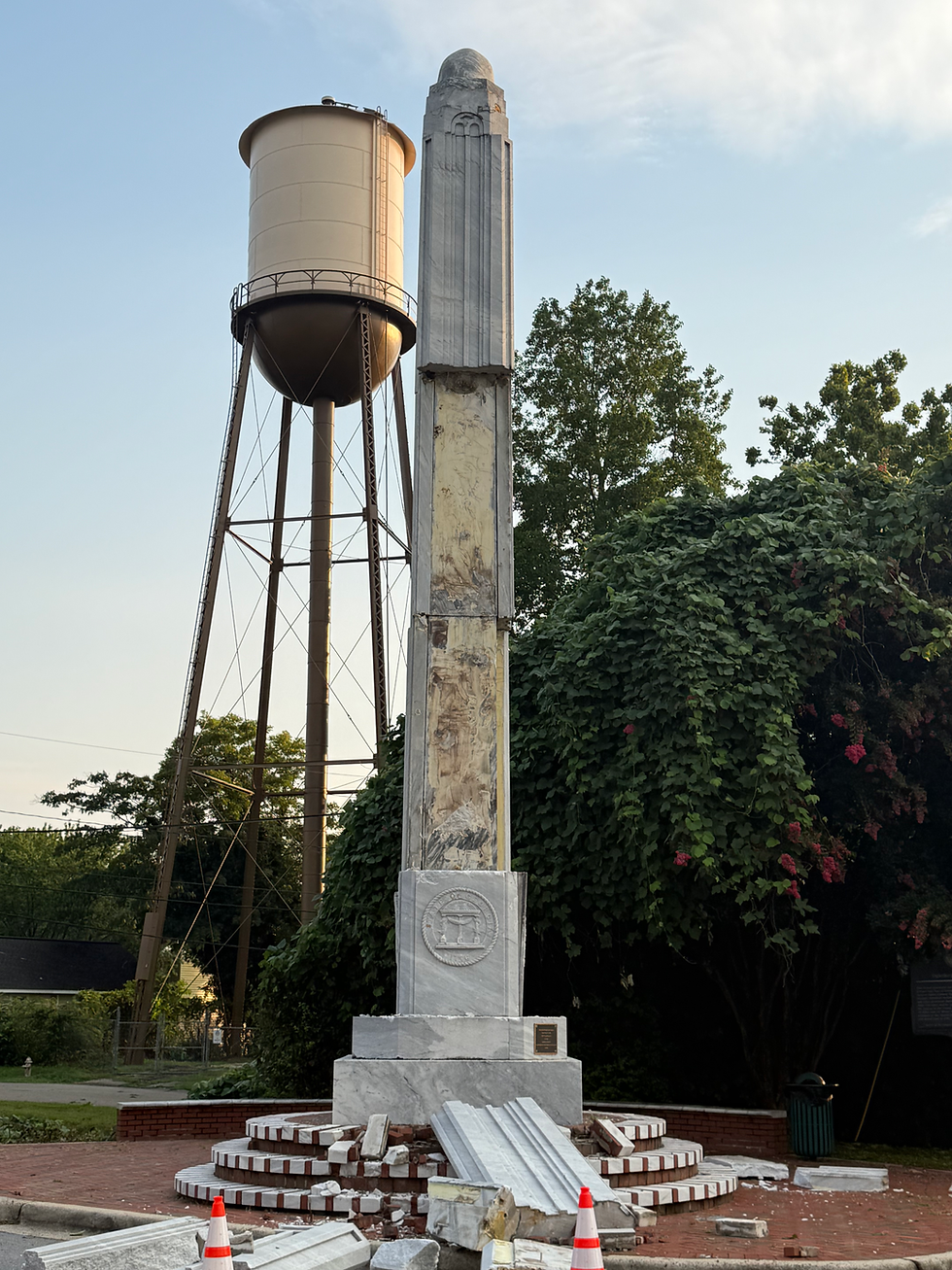 The damaged monument on the morning of July 30th, 2026.