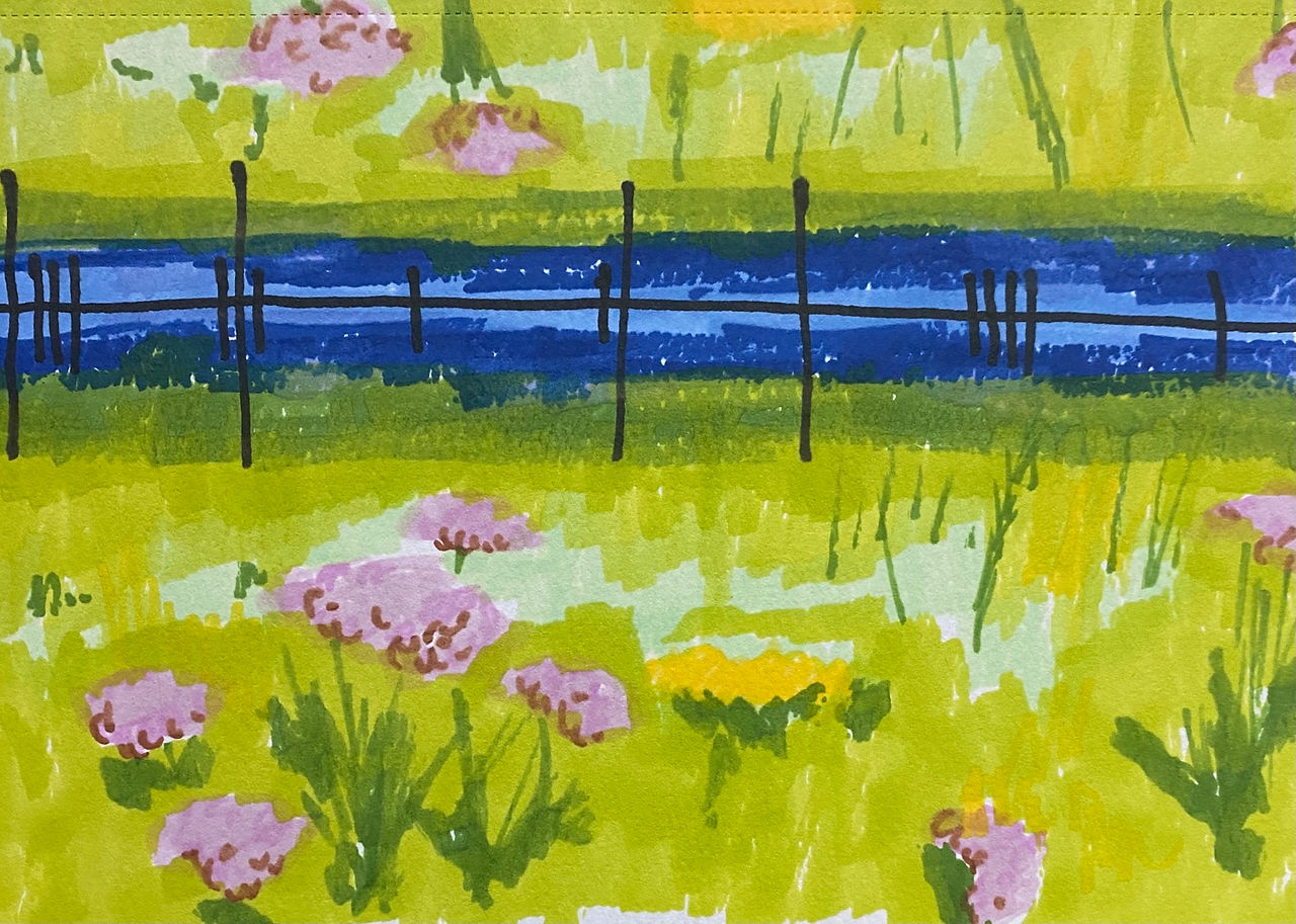 Sketch in marker pens of an abstract meadow with pink and yellow flowers. Near the bottom is a black horizontal line across the sketch. Along this are groups of long and short vertical lines. The short lines represent dots and the long lines represent dashes. In Morse code this spells out “breathe”.