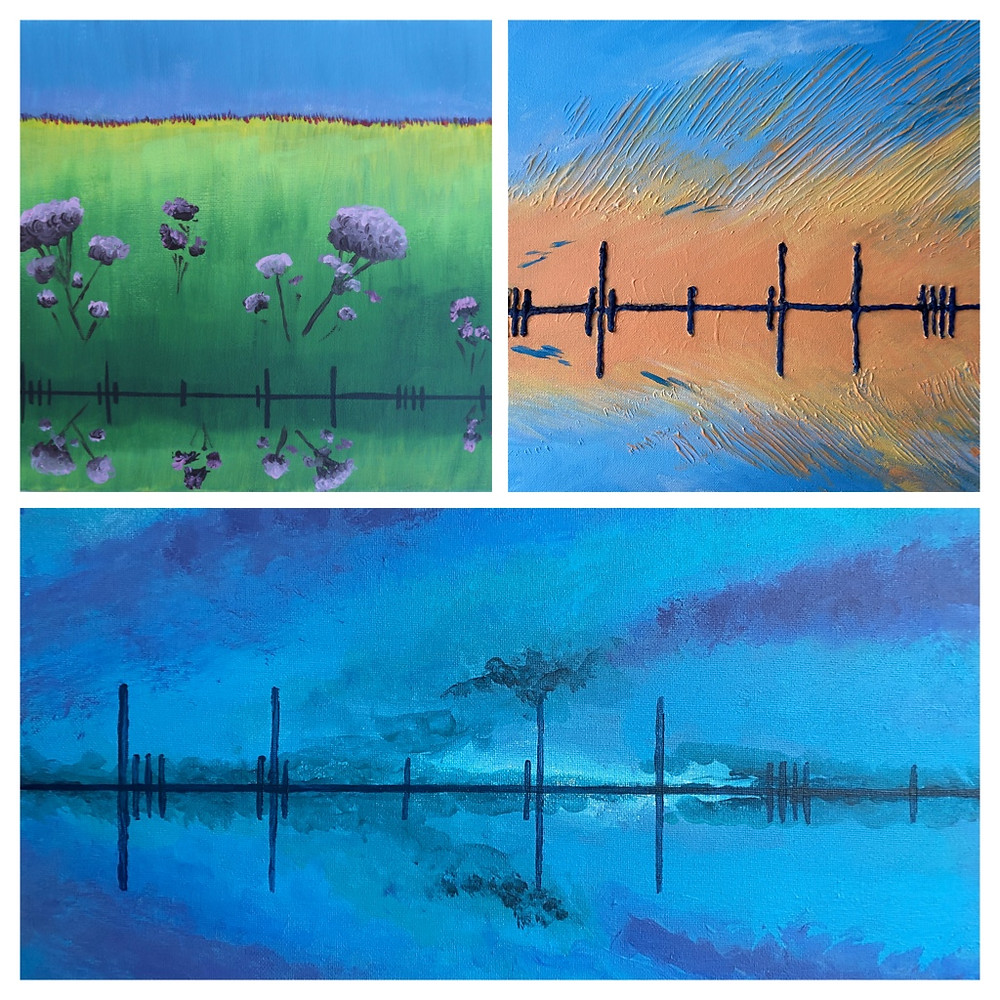 Collage of three abstract artworks. Top left is an abstract meadow; top right is an abstract sunset and bottom is an abstract sky, They all have lines across them that spell out Breathe in Morse code.