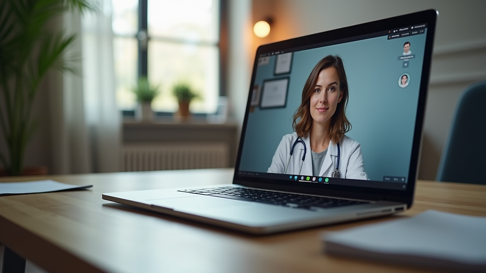 Eye-level view of a laptop on a desk showing a telepsychiatry session