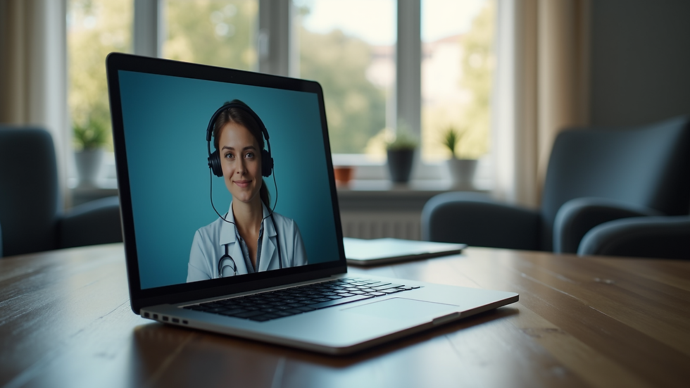 Eye-level view of a laptop on a desk with a telepsychiatry session on screen