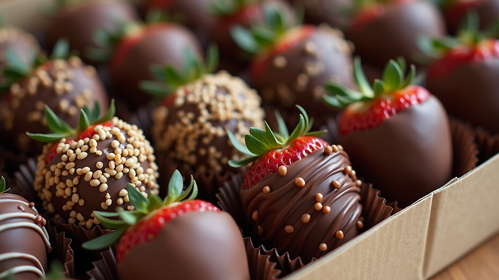 High angle view of a box filled with assorted chocolate-covered strawberries