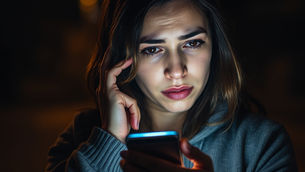 Mulher preocupada olhando o celular apos cair em golpe do Pix