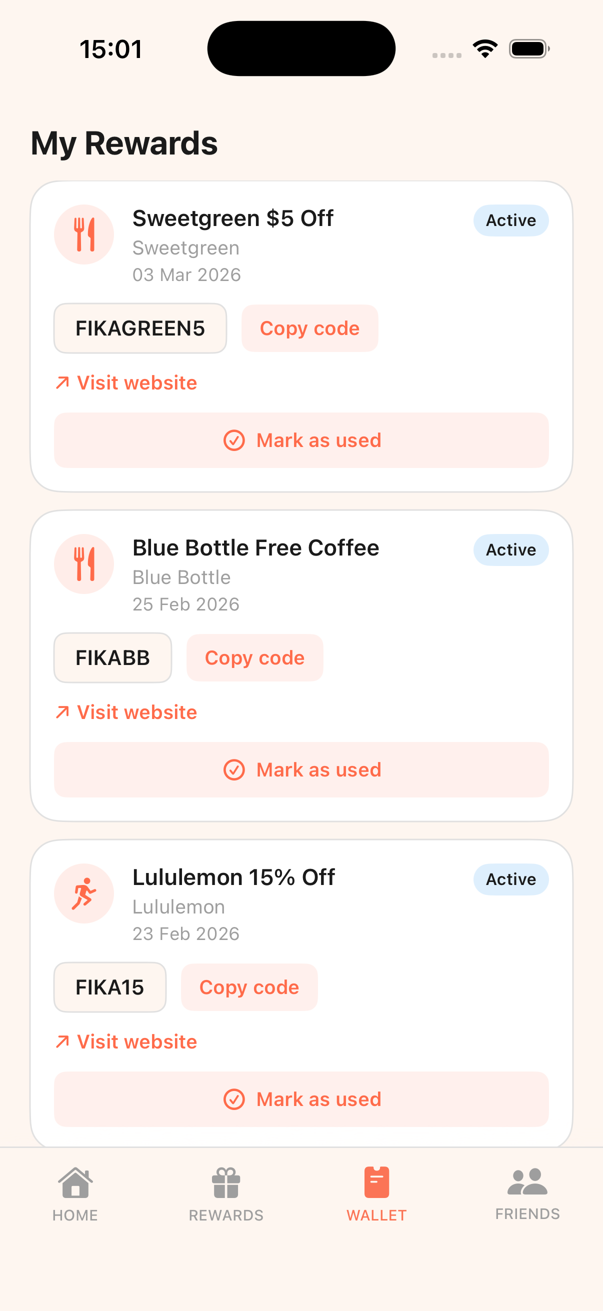 Fika wallet with discount codes
