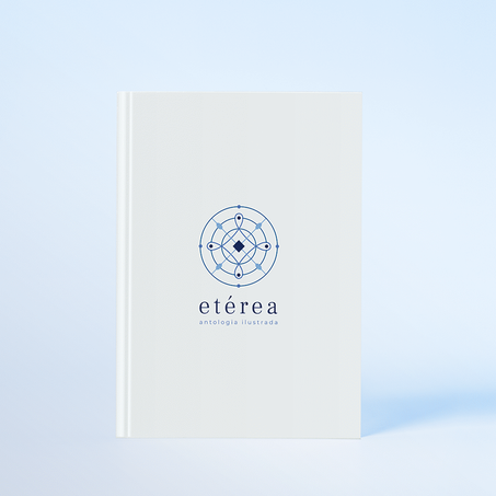 A Capa contém um logo que tem padrões circulares e adornados em diversos tons de azul. O fundo é todo branco.