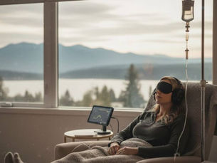 A woman relaxes in a peaceful room with a scenic mountain view, wearing an eye mask and headphones, receiving IV therapy. Calm and serene ambiance.