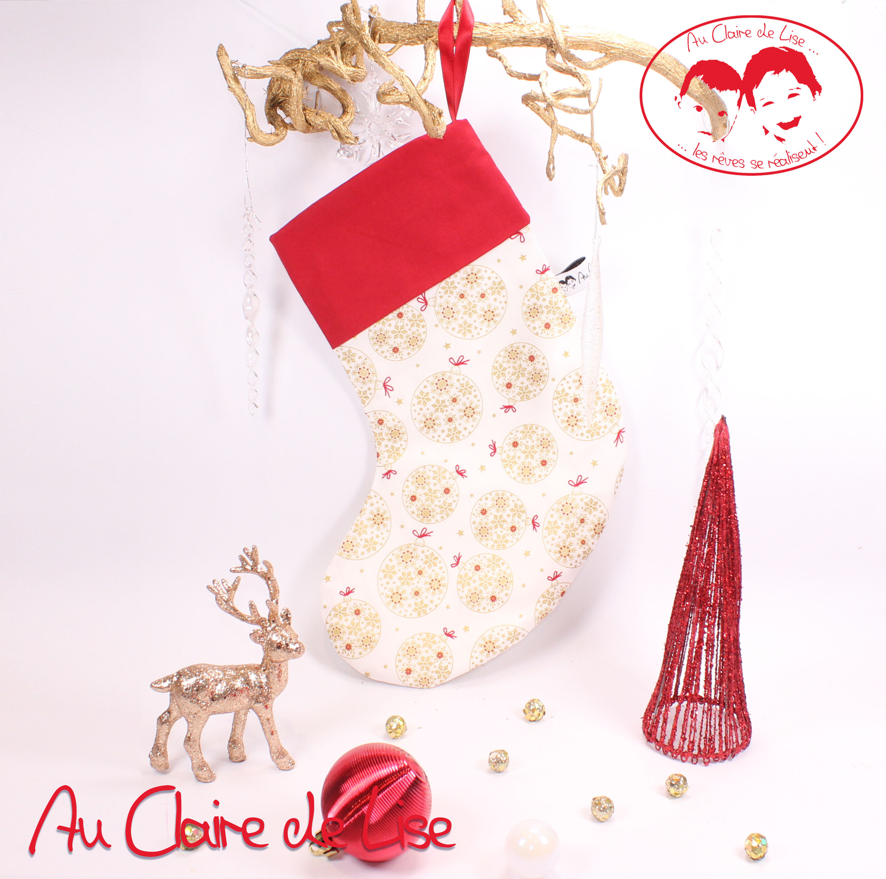Chaussette De Noël à Suspendre Boules Rouge Et Or