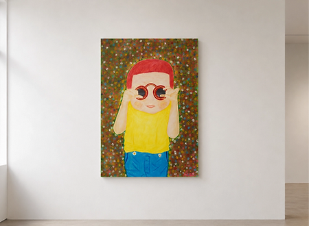 Painting of a girl with red hair wearing red glasses, a yellow shirt, and blue pants against a colorful flower patterned background.