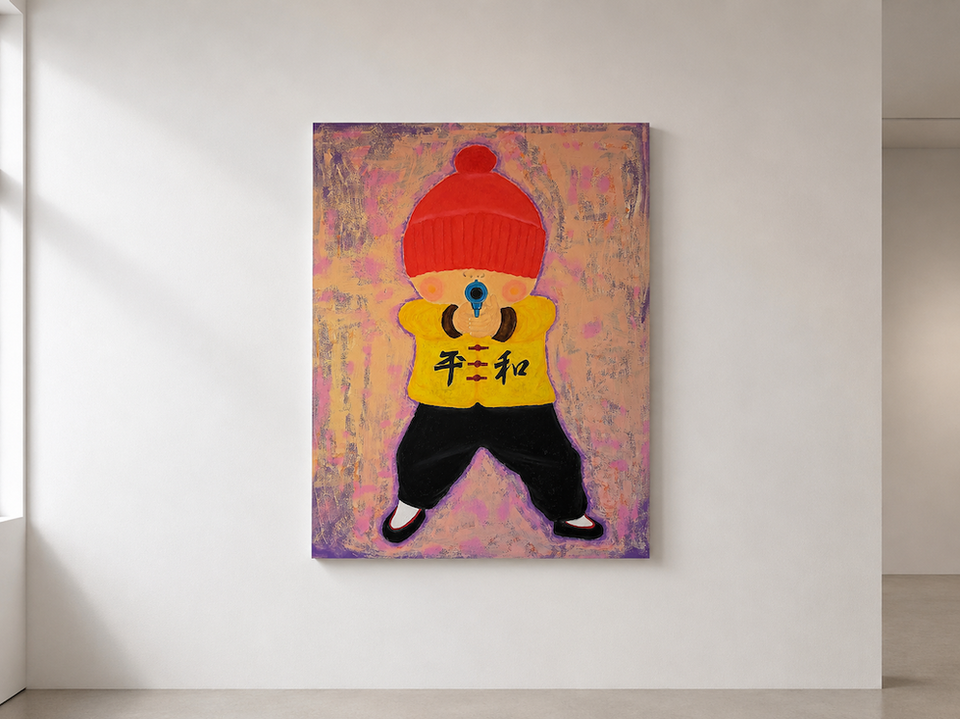 Painting of a child wearing a red knit hat and a yellow shirt with Japanese text, standing against a textured pink background holding a gun.