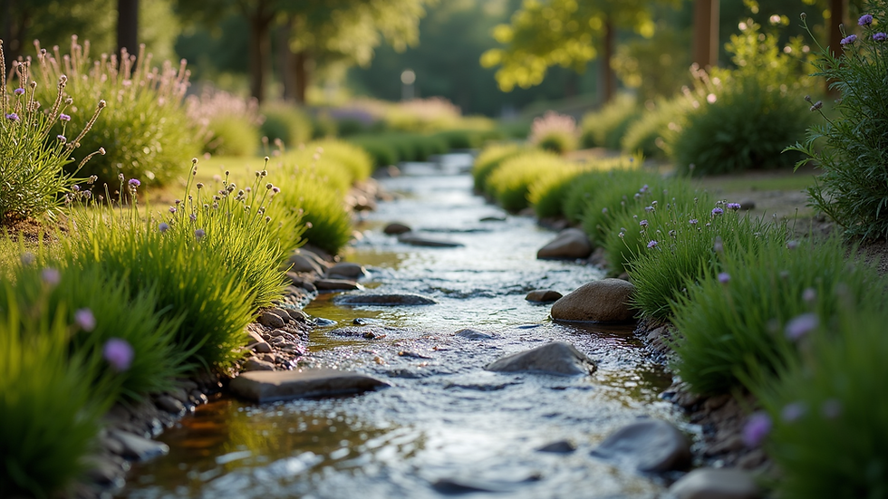Wide angle view of a dry creek bed in a landscaped garden