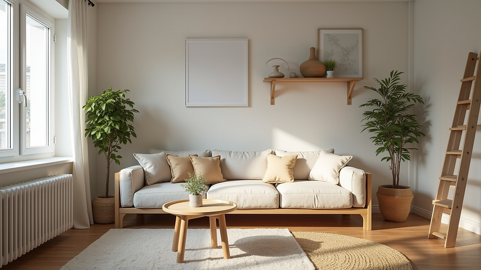 Eye-level view of a cozy studio apartment with multi-functional furniture