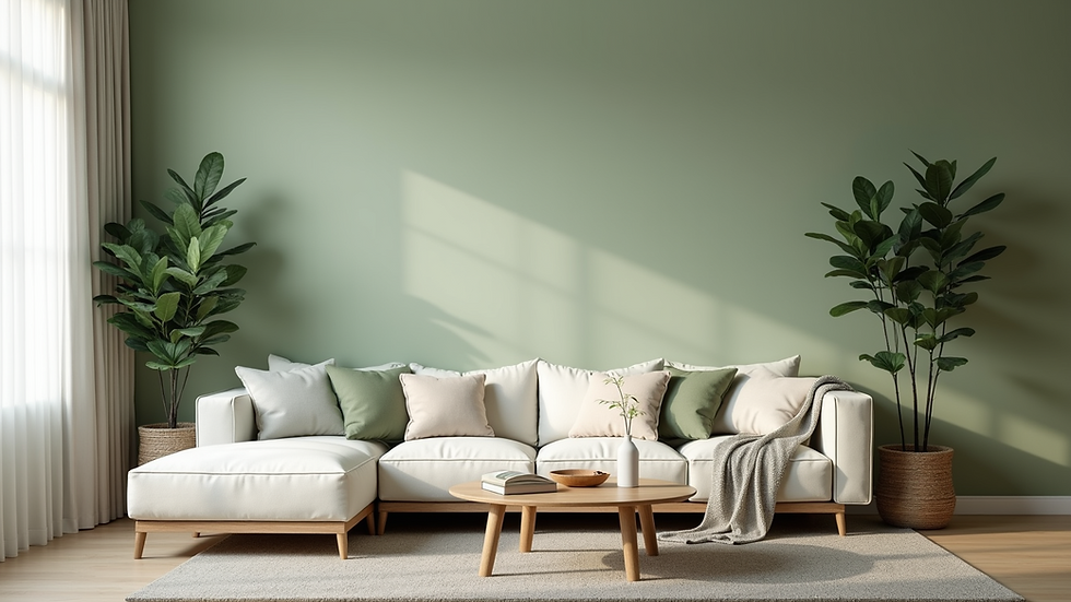Eye-level view of a cozy living room with a sage green accent wall
