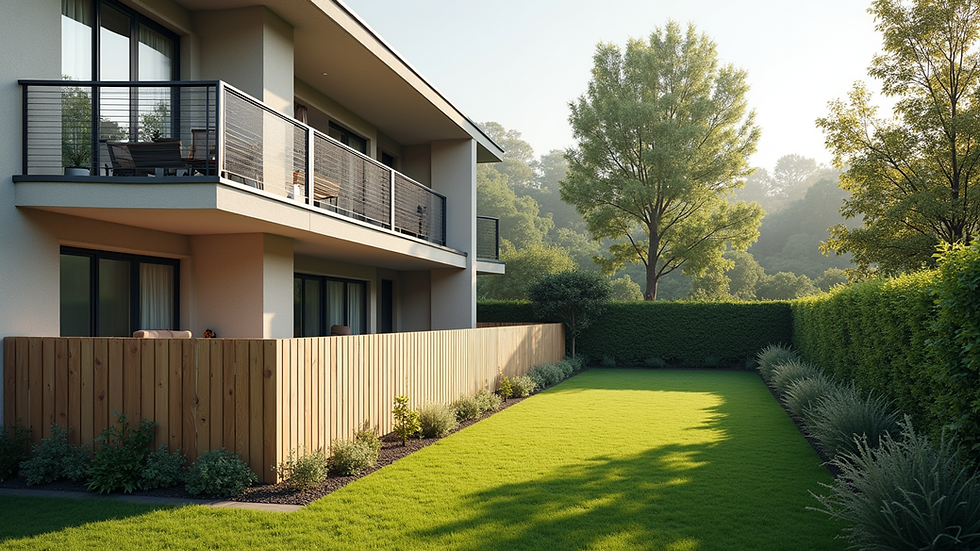 Eye-level view of a stylish composite fence in a modern apartment setting