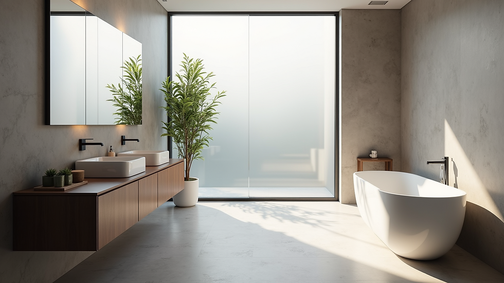 High angle view of a modern bathroom with floating vanity and glass shower