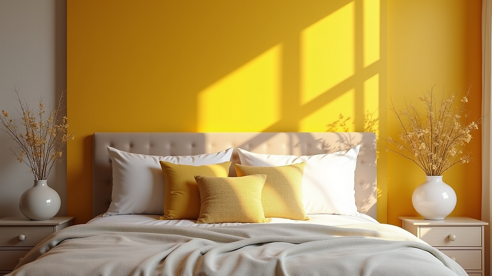 Eye-level view of a cozy bedroom with a yellow accent wall and decorative pillows