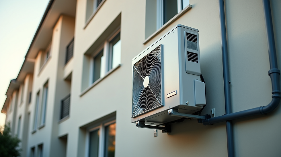 Eye-level view of a modern air conditioning unit installed on a residential building