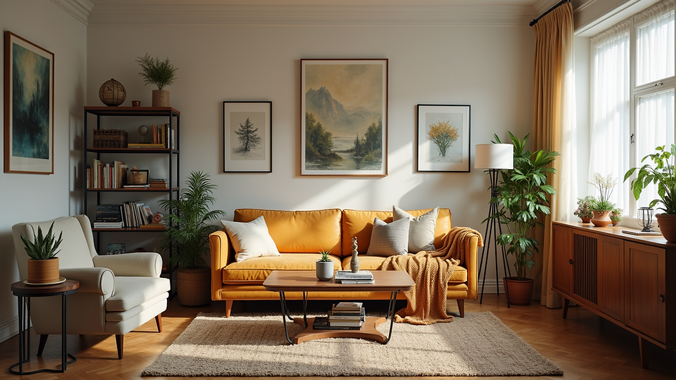 Eye-level view of a cozy living room with eclectic decor