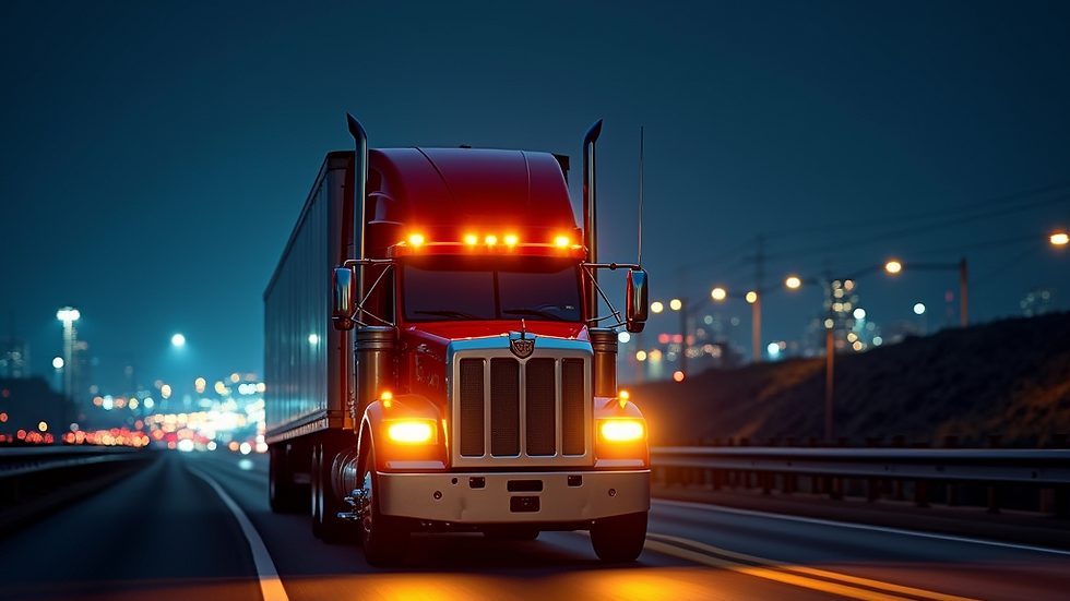 Eye-level view of a semi-truck with bright LED headlights